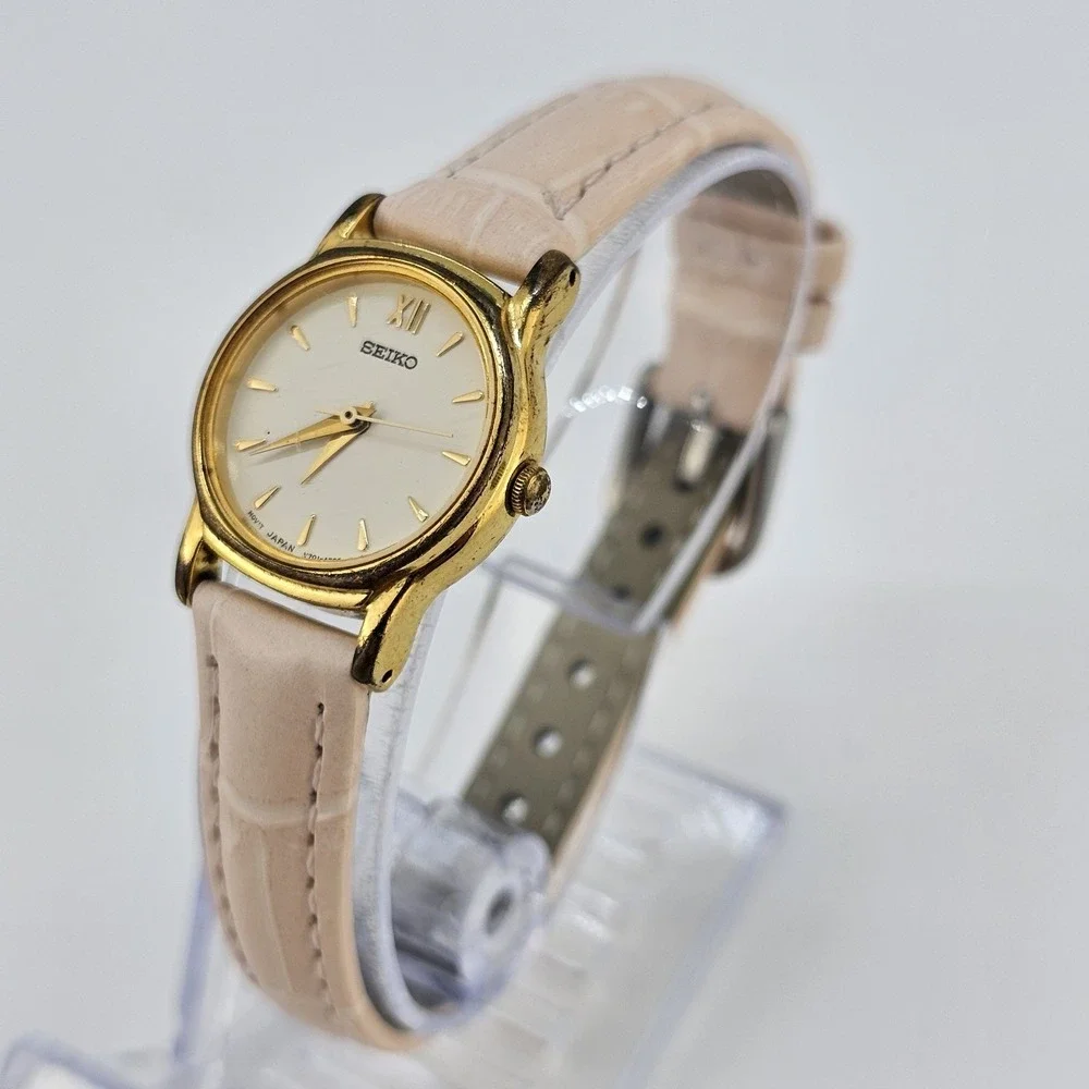 VTG Seiko Women Watch 22MM Cream Dial NEW Pink Leather Bands Battery Up to‎ 6.5